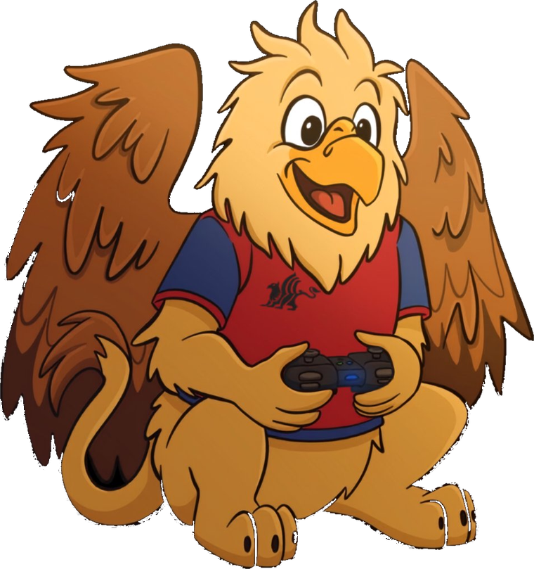 Ciò, il grifone mascotte di Imola Comics & Games, con un controller in mano